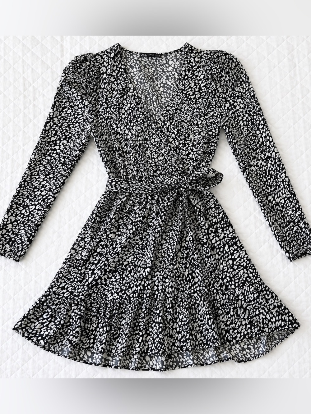 Zara Black White Animal Print Tie Waist Mini Dress Medium​